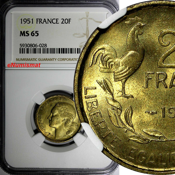 FRANCE Aluminum-Bronze 1951 20 Francs NGC MS65 Rooster KM# 917.1 (028)