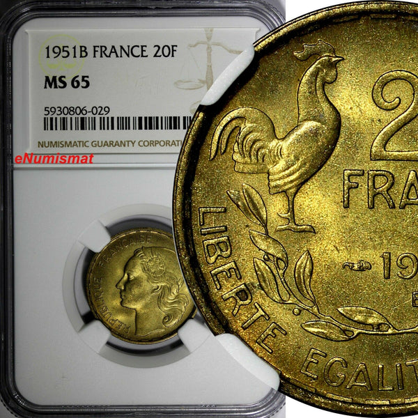 FRANCE Aluminum-Bronze 1951 B 20 Francs NGC MS65 TOP GRADED  KM# 917.2 (029)
