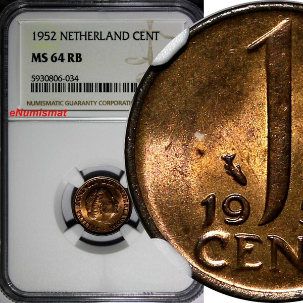 Netherlands Juliana 1952 1 Cent NGC MS64 RB 1 GRADED HIGHEST BY NGC KM# 180 (34)