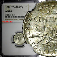 France Silver 1919 50 Centimes NGC MS64 MINT LUSTER KM# 854 (040)