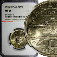 Brazil 1936 400 Reis NGC MS65 Oswaldo Cruz,Mint Luster Toned  KM# 539 (041)