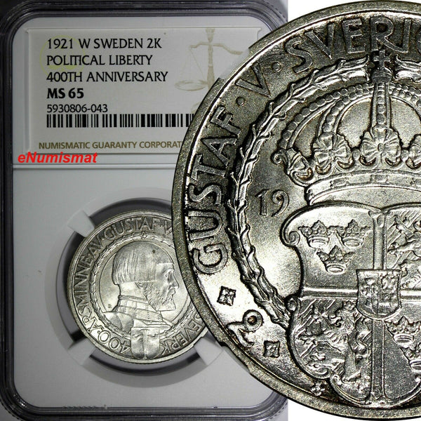 SWEDEN Gustaf V Silver 1921 W 2 Kronor NGC MS65 400th Political Liberty KM799(3)