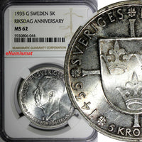 SWEDEN Silver 1935 G 5 Kronor NGC MS62 500th Anniversary of Riksdag KM# 806(044)