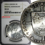 SWEDEN Silver 1935 G 5 Kronor NGC MS62 500th Anniversary of Riksdag KM# 806(044)