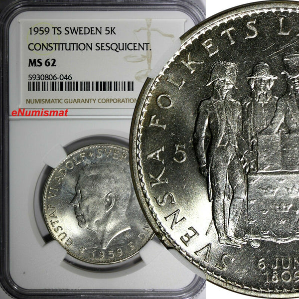 SWEDEN Silver 1959 TS 5 Kronor NGC MS62 Constitution Sesquicentennial KM#830(6)