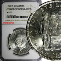 SWEDEN Silver 1959 TS 5 Kronor NGC MS62 Constitution Sesquicentennial KM#830(8)