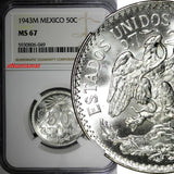 MEXICO ESTADOS UNIDOS Silver 1943 M 50 Centavos NGC MS67 TOP GRADED KM# 447 (49)