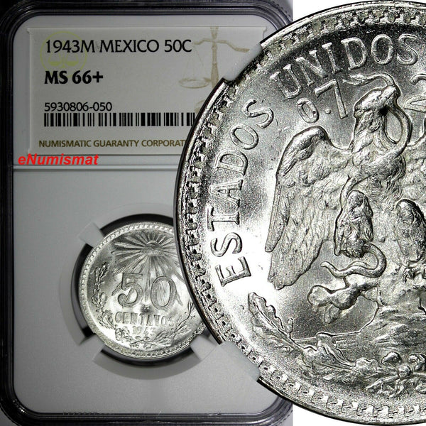 MEXICO ESTADOS UNIDOS Silver 1943 M 50 Centavos NGC MS66+ PLUS GEM KM# 447 (050)