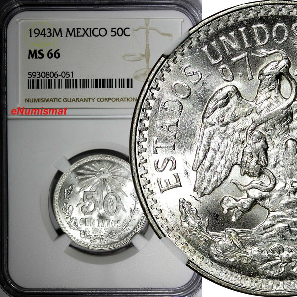 MEXICO ESTADOS UNIDOS MEXICANOS Silver 1943 M 50 Centavos NGC MS66 KM# 447 (051)