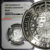 SWEDEN Oscar II Silver 1907-EB 2 Kronor NGC MS63 Golden Wedding Anniv.KM#776(60)