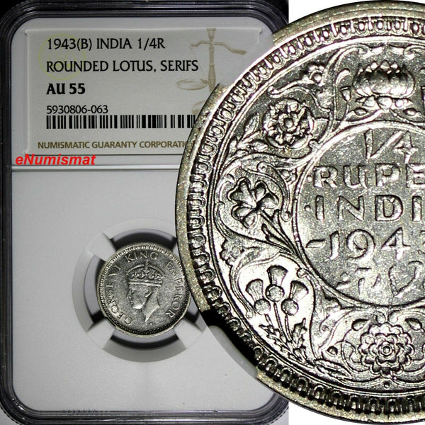 India-British George VI Silver 1943 (B) 1/4 Rupee NGC AU55 KM# 547 (063)