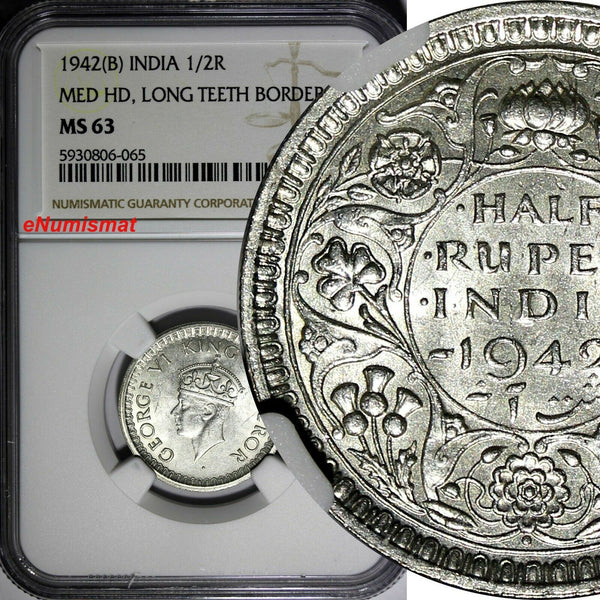 India-British George VI Silver 1942 (B) 1/2 Rupee Bombay NGC MS63 KM# 552 (065)