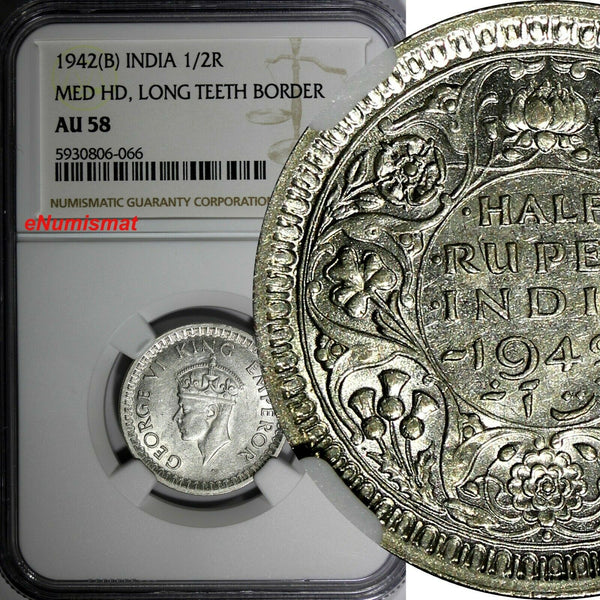 India-British George VI Silver 1942 (B) 1/2 Rupee Bombay NGC AU58 KM# 552 (066)