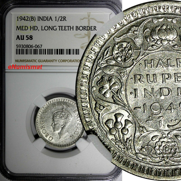 India-British George VI Silver 1942 (B) 1/2 Rupee Bombay NGC AU58 KM# 552 (067)
