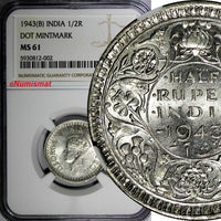 India-British George VI Silver 1943 (B) 1/2 Rupee DOT NGC MS61 KM# 552 (002)