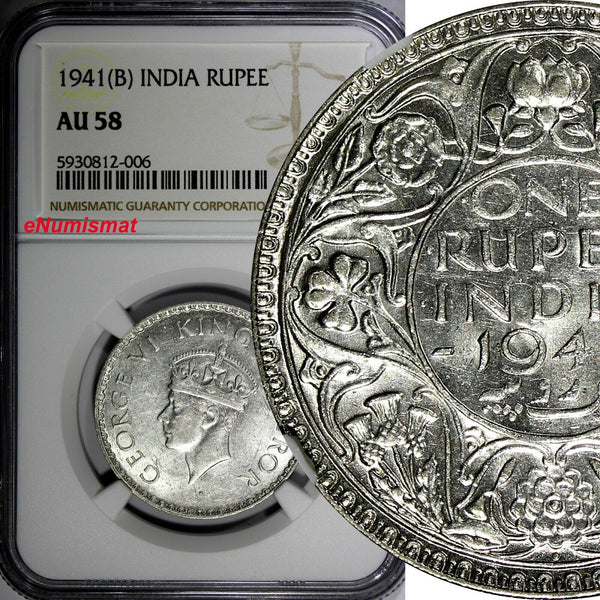 India-British George VI Silver 1941 (B) Rupee NGC AU58 Mint Luster KM# 556 (006)