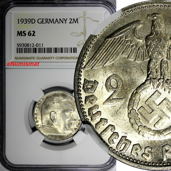 GERMANY-Third Reich Silver 1939 D 2 ReichsMark NGC MS62 Hindenburg KM# 93 (011)