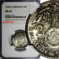 Germany-Third Reich Silver 1939 A 2 Reichs Mark NGC MS64 Hindenburg KM# 93 (013)