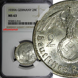 GERMANY-Third Reich Silver 1939 A 2 Reichs Mark NGC MS63 Hindenburg KM# 93 (014)