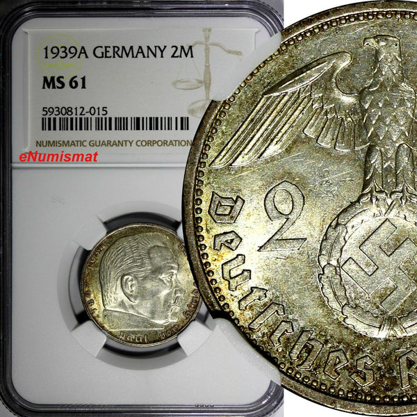 Germany-Third Reich Silver 1939 A 2 Reichs Mark NGC MS61 Hindenburg KM# 93 (015)