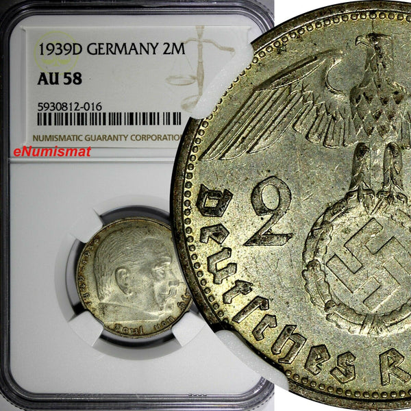 GERMANY-Third Reich Silver 1939 D 2 ReichsMark NGC AU58 Hindenburg KM# 93 (016)