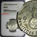 GERMANY-Third Reich Silver 1939 D 2 ReichsMark NGC MS63 Hindenburg KM# 93 (017)