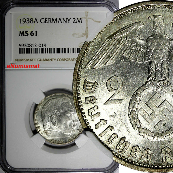 GERMANY-Third Reich Silver 1938 A 2 Reichs Mark NGC MS61 Hindenburg KM# 93 (019)