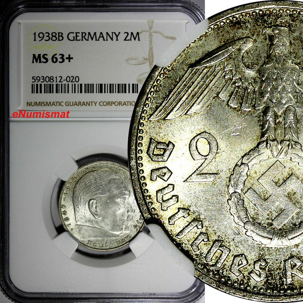 Germany - Third Reich Silver 1938 B 2 Reichs Mark NGC MS63+ Hindenburg KM#93 (0)