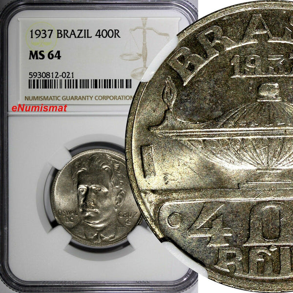 Brazil Oswaldo Cruz Copper-Nickel 1937 400 Reis NGC MS64 KM# 539 (021)
