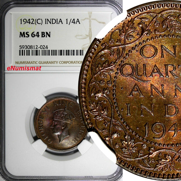 India-British George VI Bronze 1942 (C) 1/4 Anna NGC MS64 BN KM# 531 (024)