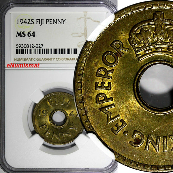 Fiji George VI Brass 1942 S 1 Penny NGC MS64 San Francisco Mint KM# 7a (027)