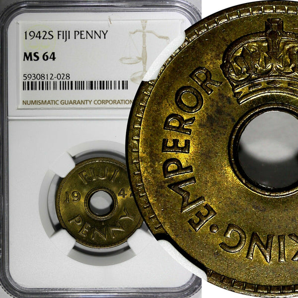 Fiji George VI Brass 1942 S 1 Penny NGC MS64 San Francisco Mint KM# 7a (028)