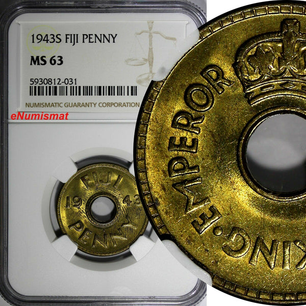 Fiji George VI Brass 1943 S 1 Penny NGC MS64 San Francisco Mint KM# 7a (031)