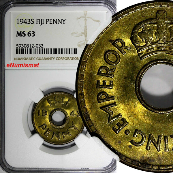Fiji George VI Brass 1943 S 1 Penny NGC MS63 San Francisco Mint KM# 7a (032)