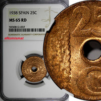 SPAIN II Republic Copper 1938  25 Centimos 1 Year Type NGC MS65 RD KM# 757 (7)