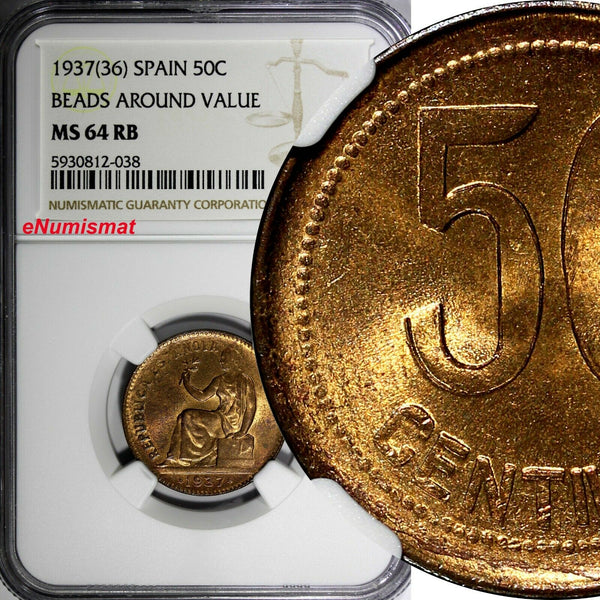SPAIN II Republic Copper 1937 (36) 50 Centimos NGC MS64 RB KM# 754.1 (038)