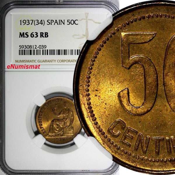 SPAIN II Republic Copper 1937 (34) 50 Centimos NGC MS63 RB KM# 754.1 (039)