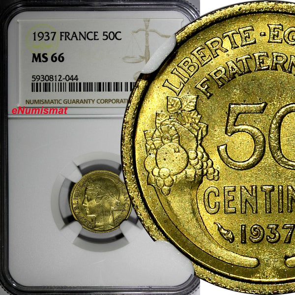 FRANCE Aluminum-Bronze 1937 50 Centimes NGC MS66 TOP GRADED BY NGC KM# 894.1 (4)