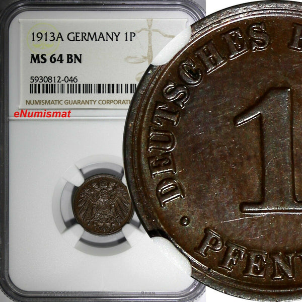 Germany - Empire 1913 A 1 Pfennig NGC MS64 BN TOP GRADED BY NGC KM# 10 (046)