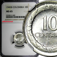 Colombia Silver 1945 B 10 Centavos NGC MS65 TOP GRADED BY NGC KM# 207.1 (049)