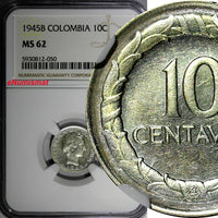 Colombia Silver 1945 B 10 Centavos NGC MS62 1 GRADED HIGHEST KM# 207.1 (050)
