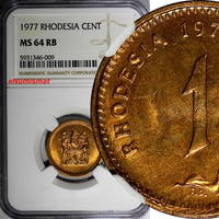Rhodesia Bronze 1977 1 Cent NGC MS64 RB NICE RED TONING KM# 10 (009)
