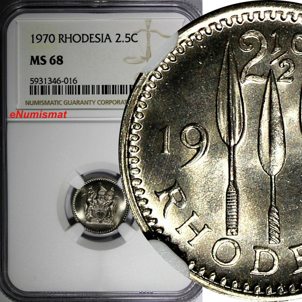 Rhodesia Zimbabwe Copper-Nickel 1970 2-1/2 Cents NGC MS68 GEM BU KM# 11 (016)