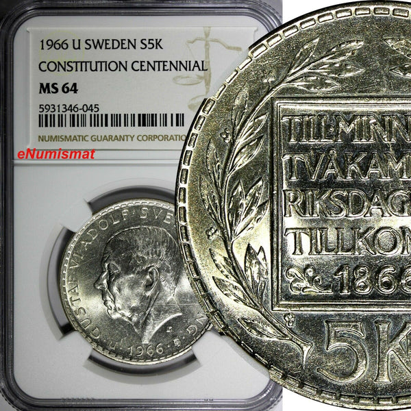 SWEDEN Silver 1966 U 5 Kronor NGC MS64 Constitution Reform 1 YEAR KM# 839 (045)