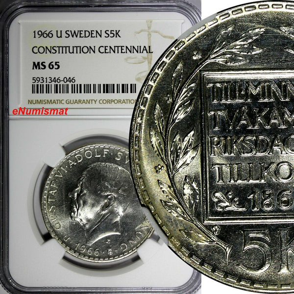 SWEDEN Silver 1966 U 5 Kronor NGC MS65 Constitution Reform 1 YEAR KM# 839 (046)