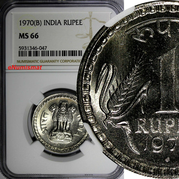 India-Republic 1970 (B) Rupee NGC MS66 Mumbai Mint TOP GRADED ! KM# 75.2 (047)