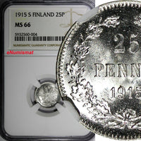 Finland Nicholas II Silver 1915 S 25 Pennia NGC MS66 WWI GEM BU KM #6.2 (004)