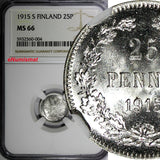 Finland Nicholas II Silver 1915 S 25 Pennia NGC MS66 WWI GEM BU KM #6.2 (004)