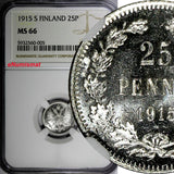 Finland Nicholas II Silver 1915 S 25 Pennia NGC MS66 WWI GEM BU KM #6.2 (005)