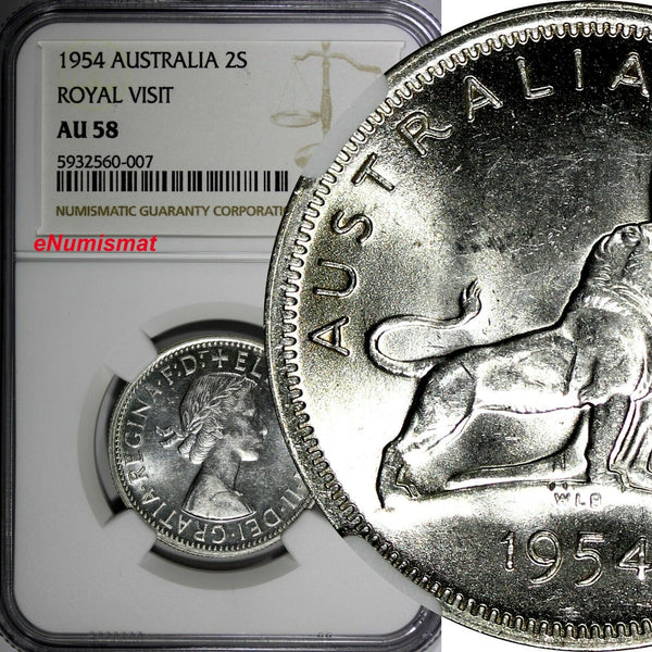 Australia Silver 1954 Florin Royal Visit of Elizabeth II NGC AU58 KM# 55 (007)